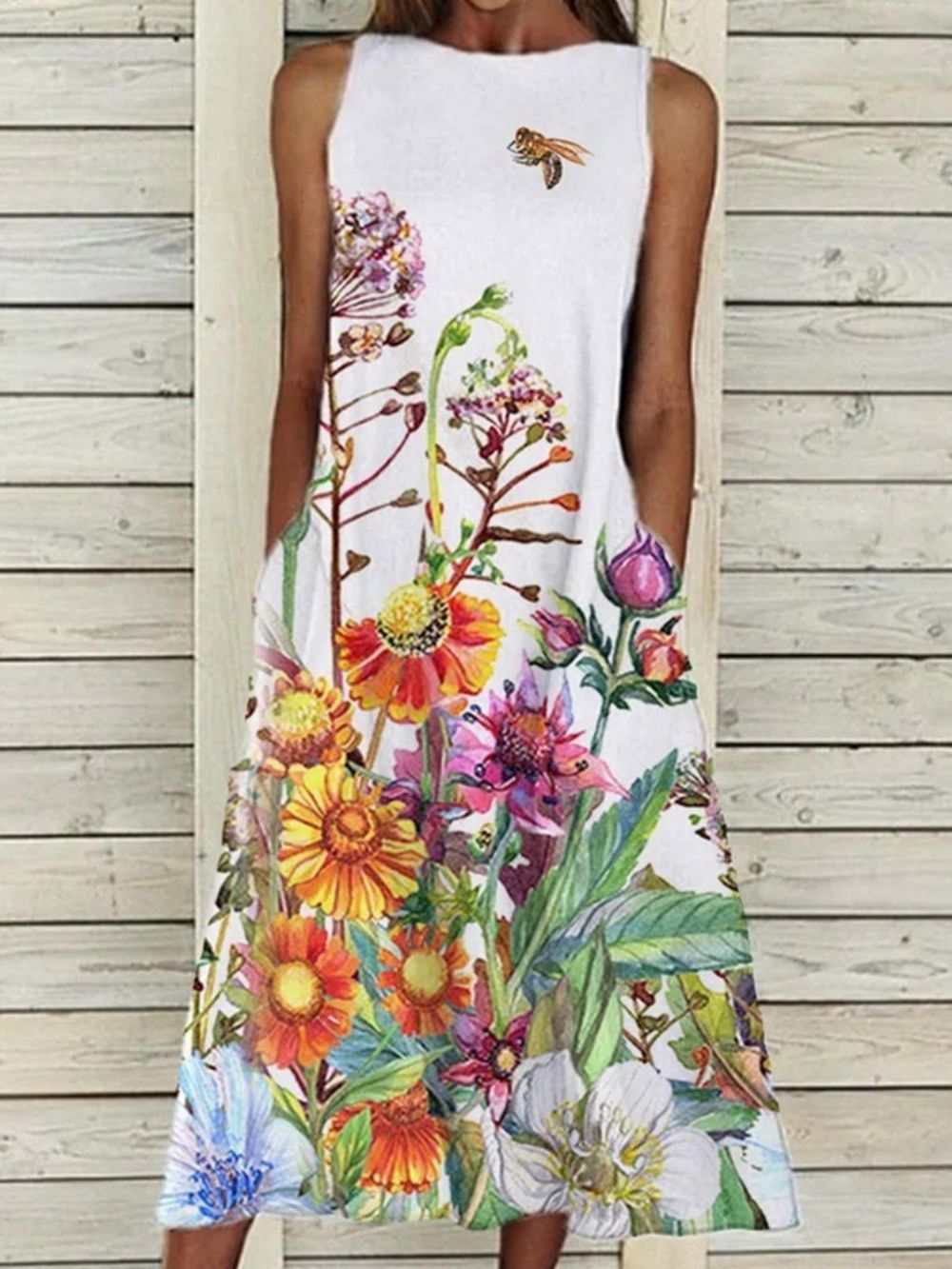 Vestido Midi Floral Estampado Sem Mangas E Meia Panturrilha Tamanho Grande