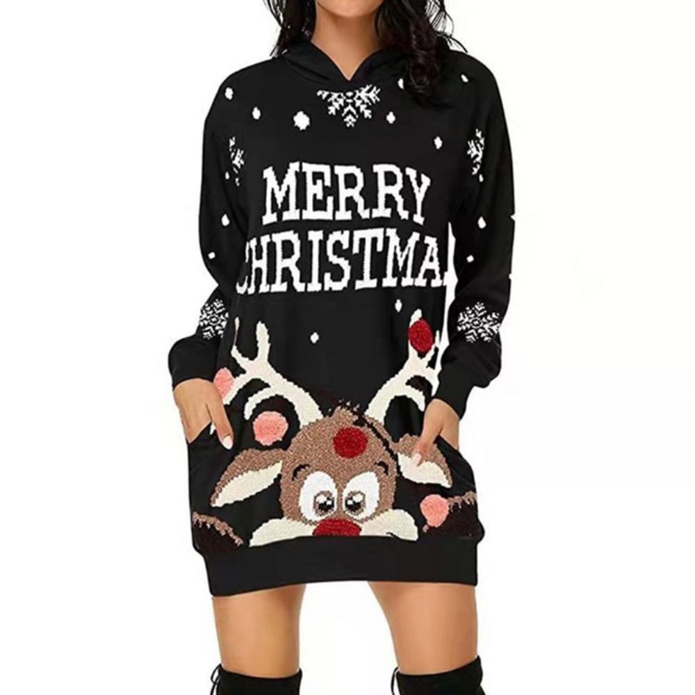 Vestido De Natal Com Capuz Manga Longa Acima Do Joelho Western Pullover