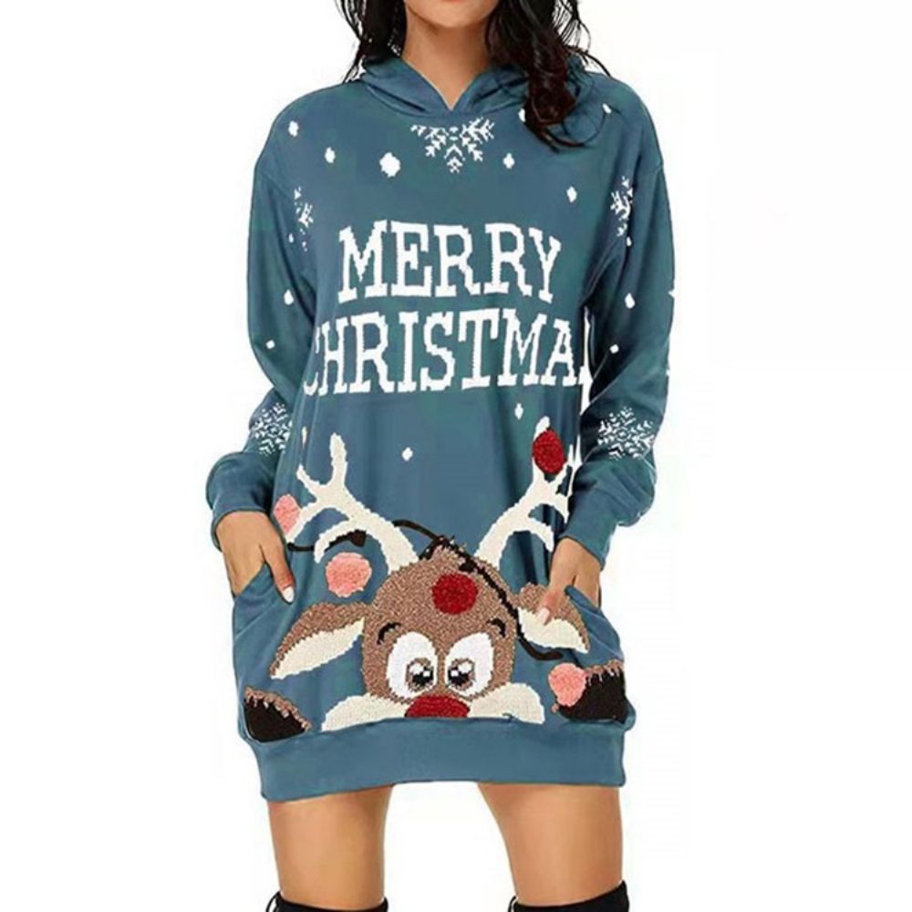 Vestido De Natal Com Capuz Manga Longa Acima Do Joelho Western Pullover