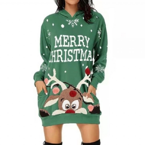 Vestido De Natal Com Capuz Manga Longa Acima Do Joelho Western Pullover