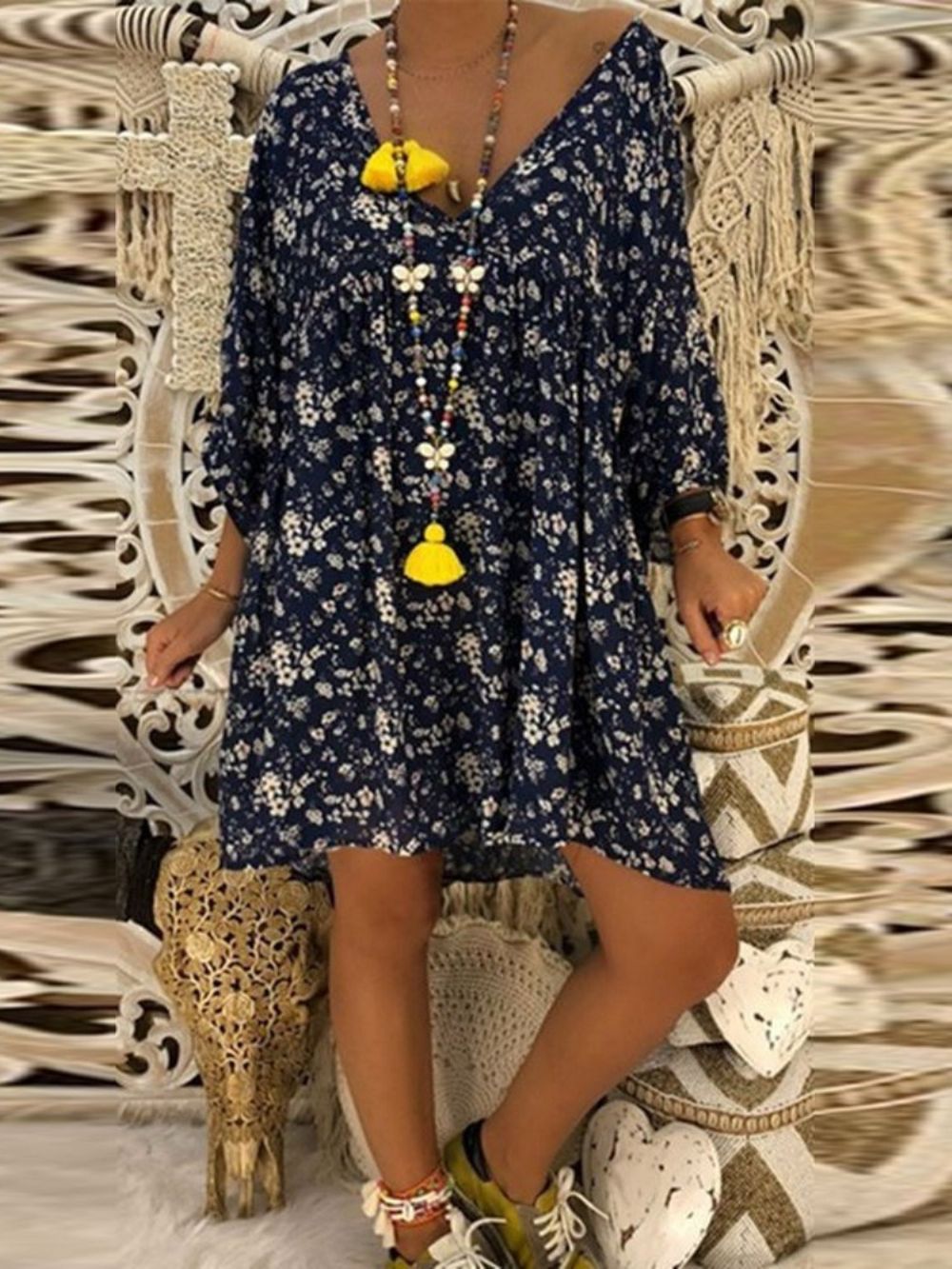 Vestido Pulôver Casual Com Estampa Floral Acima Do Joelho Look De Viagem Com Decote Em V