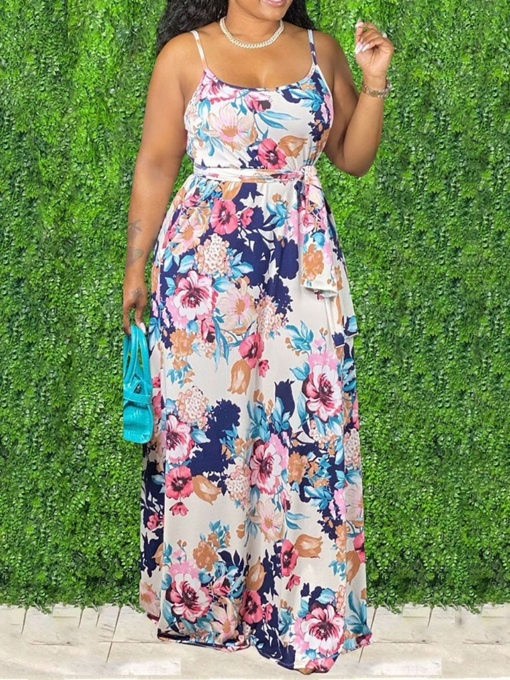 Vestido Pulôver Floral Sem Mangas Estampado Até O Chão