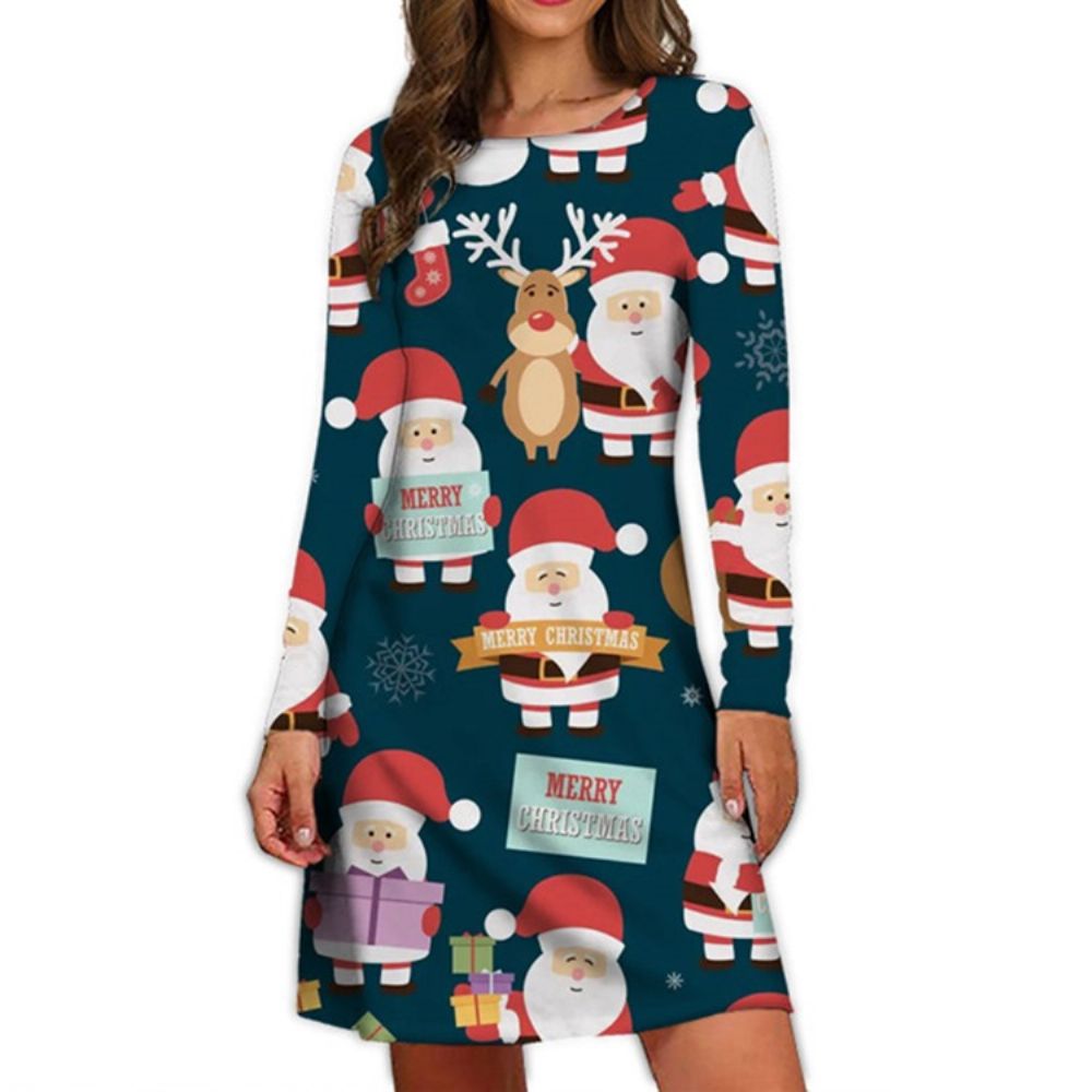 Vestido Pulôver De Manga Longa Redonda Com Estampa De Natal