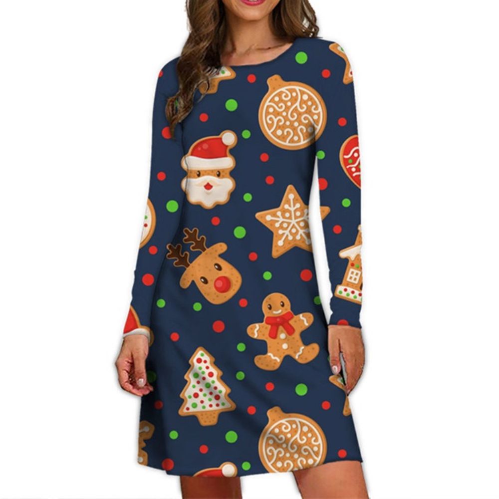 Vestido Pulôver De Manga Longa Redonda Com Estampa De Natal