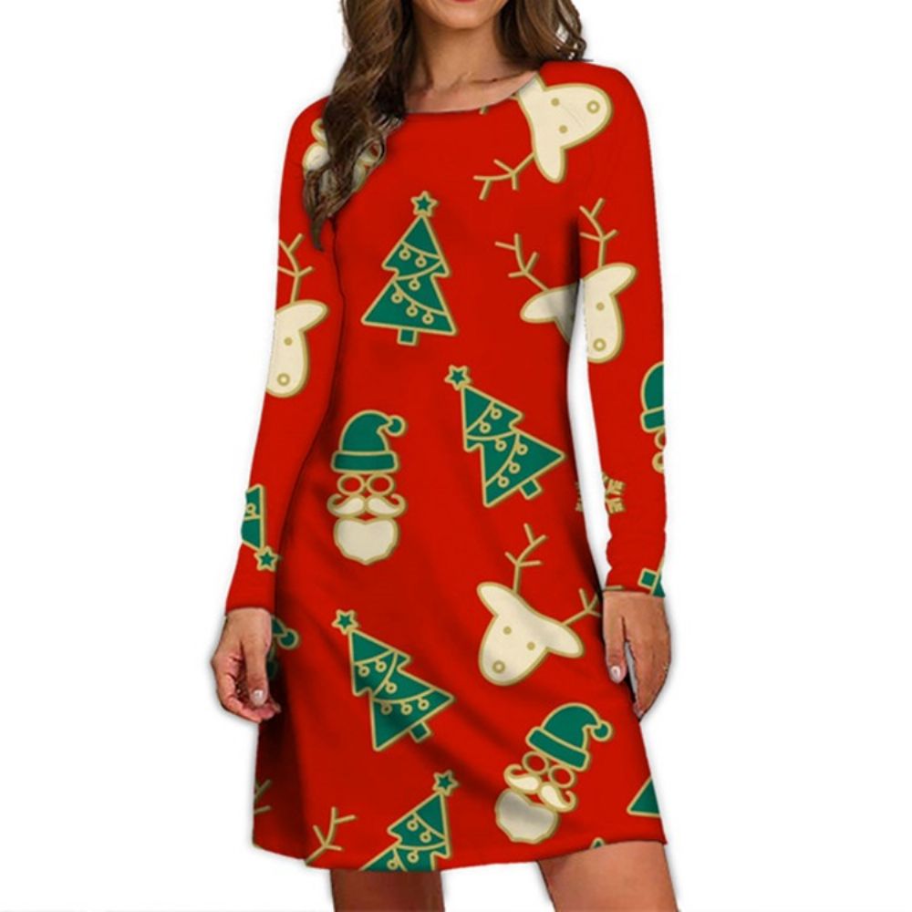 Vestido Pulôver De Manga Longa Redonda Com Estampa De Natal