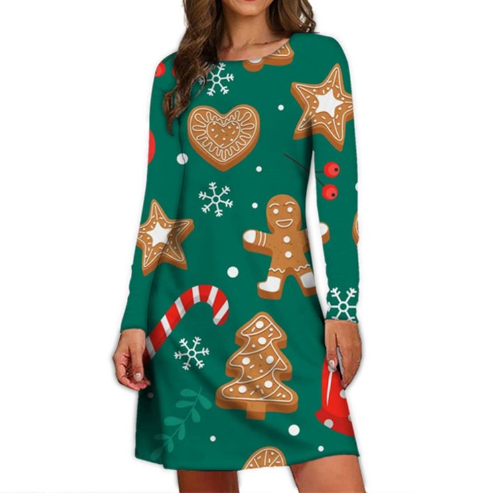 Vestido Pulôver De Manga Longa Redonda Com Estampa De Natal