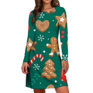 Vestido Pulôver De Manga Longa Redonda Com Estampa De Natal