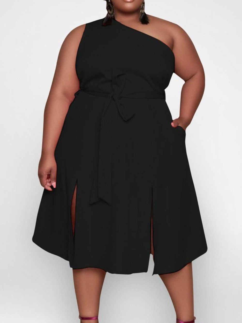 Vestido Pulôver Moda Plus Size Com Gola Oblíqua Sem Manga E Meio Da Panturrilha