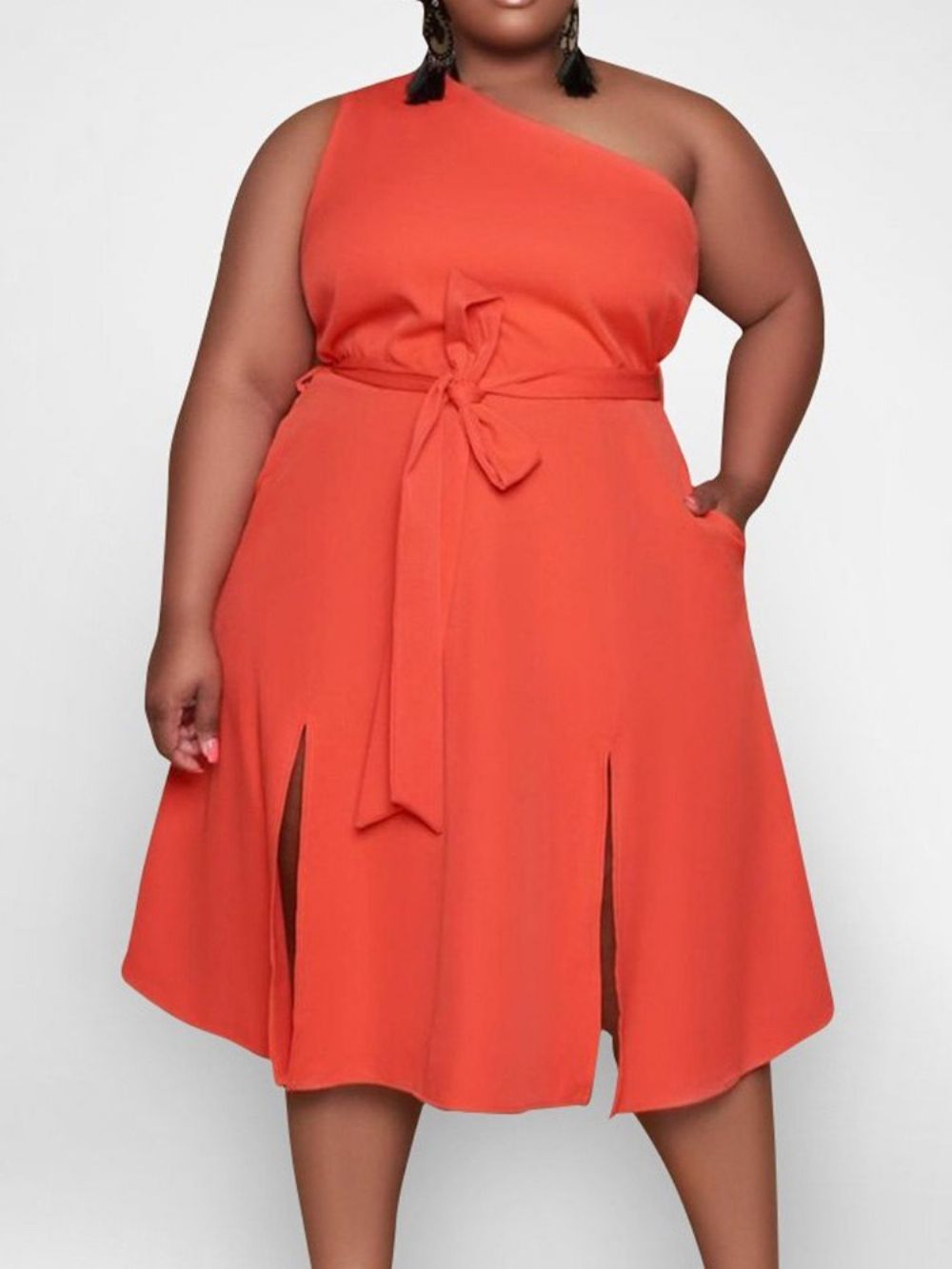 Vestido Pulôver Moda Plus Size Com Gola Oblíqua Sem Manga E Meio Da Panturrilha