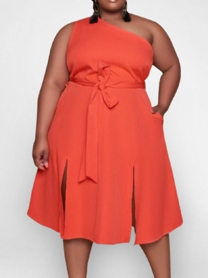 Vestido Pulôver Moda Plus Size Com Gola Oblíqua Sem Manga E Meio Da Panturrilha