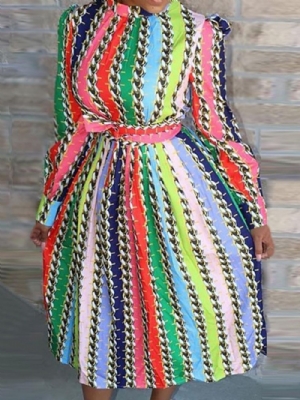 Vestido Pulôver De Verão Manga Longa Patchwork Com Gola Alta