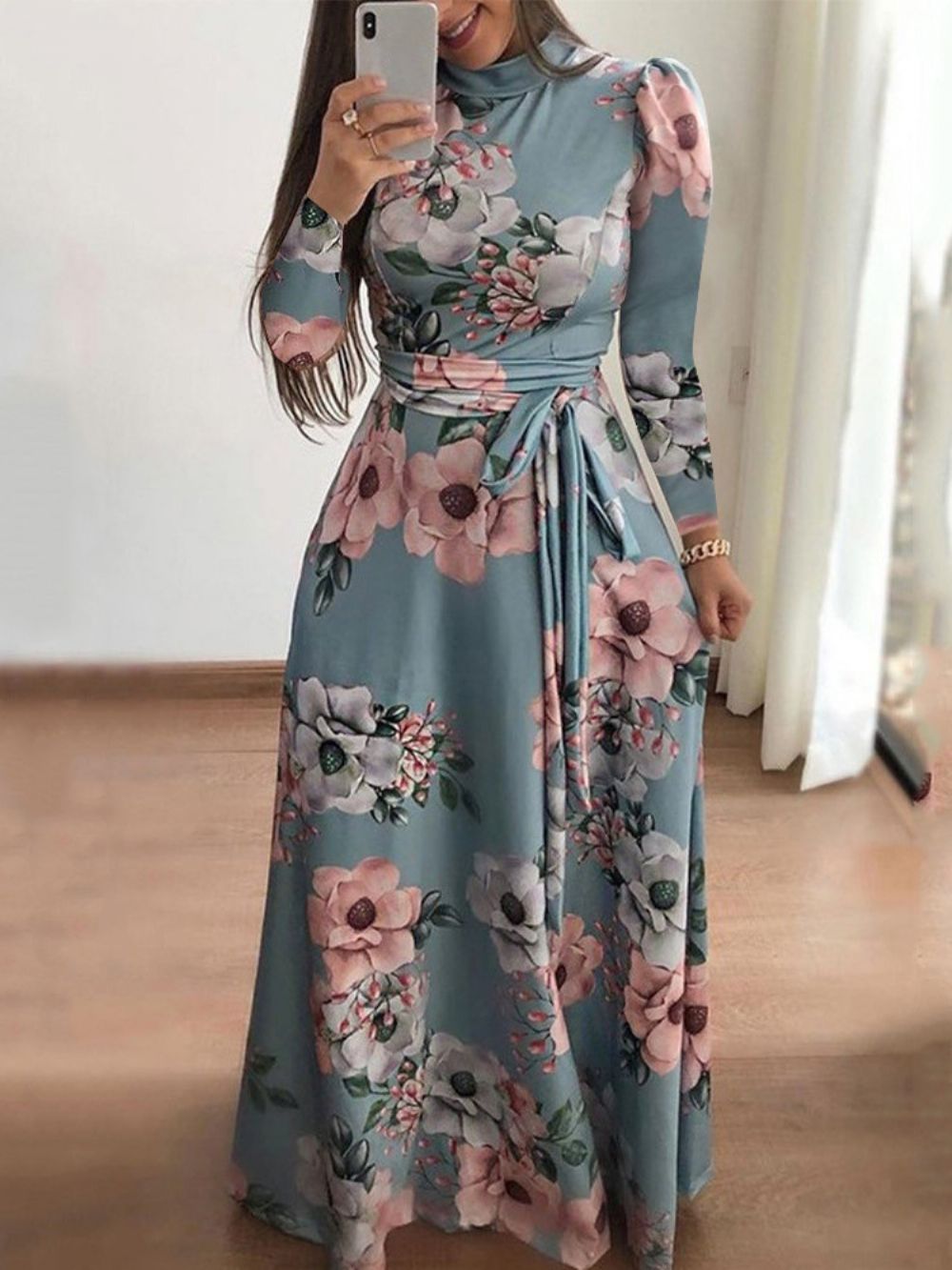 Vestido Regular De Primavera Com Cadarço E Decote Em V Até O Chão