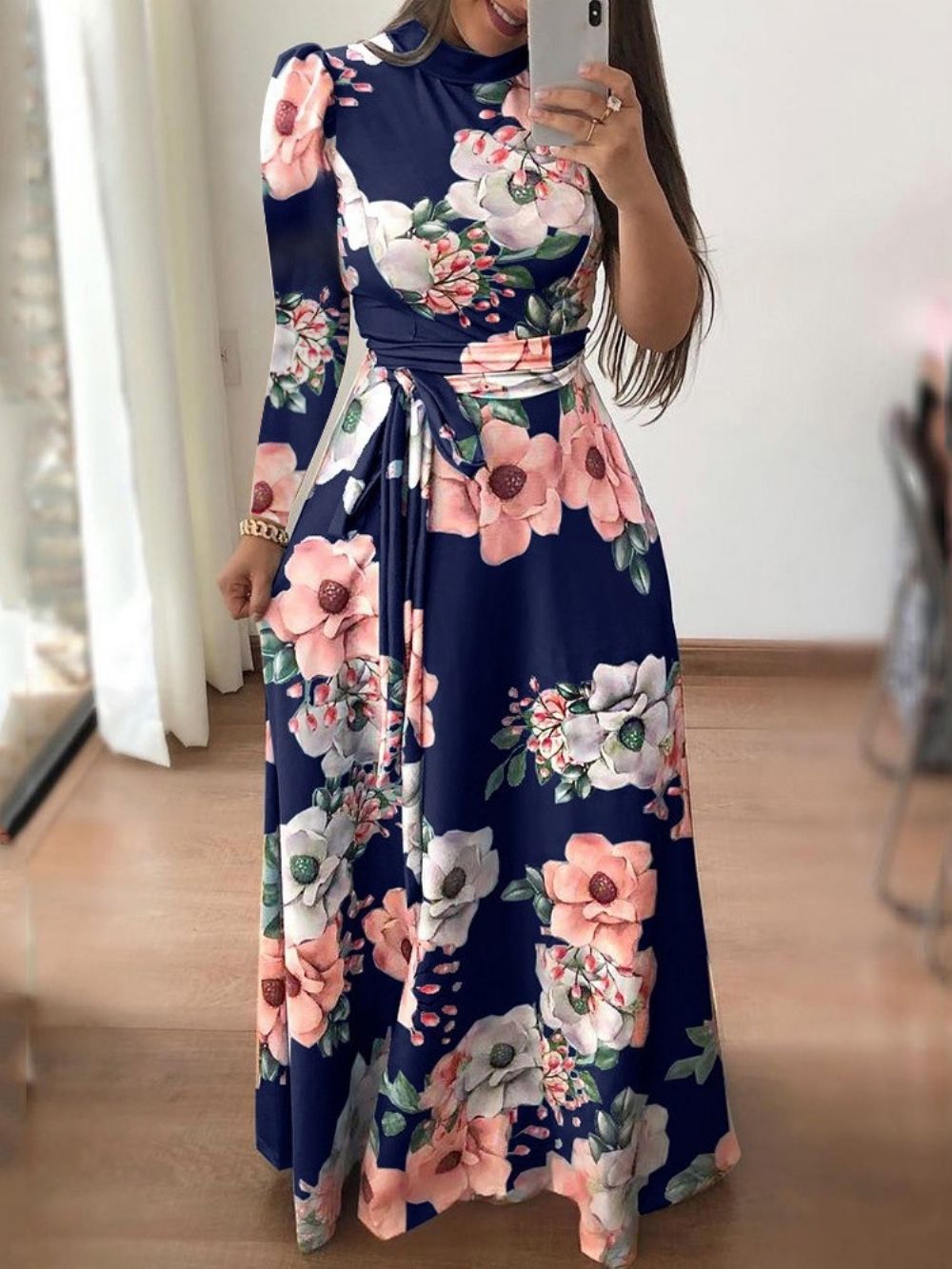 Vestido Regular De Primavera Com Cadarço E Decote Em V Até O Chão