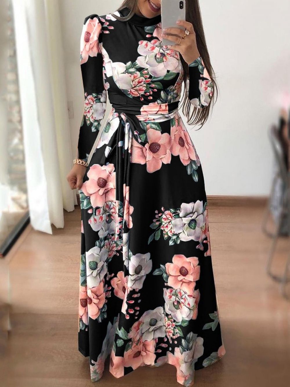 Vestido Regular De Primavera Com Cadarço E Decote Em V Até O Chão