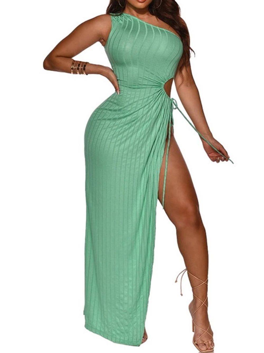 Vestidos Com Gola Oblíqua Sem Mangas Até O Chão Sexy Lisos Vestidos Bodycon