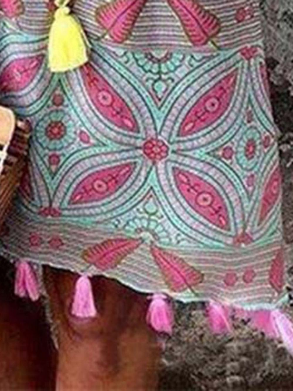 Vestidos De Praia Boêmios Decote Em V Meia Manga Borla Vestidos De Praia Para Mulheres