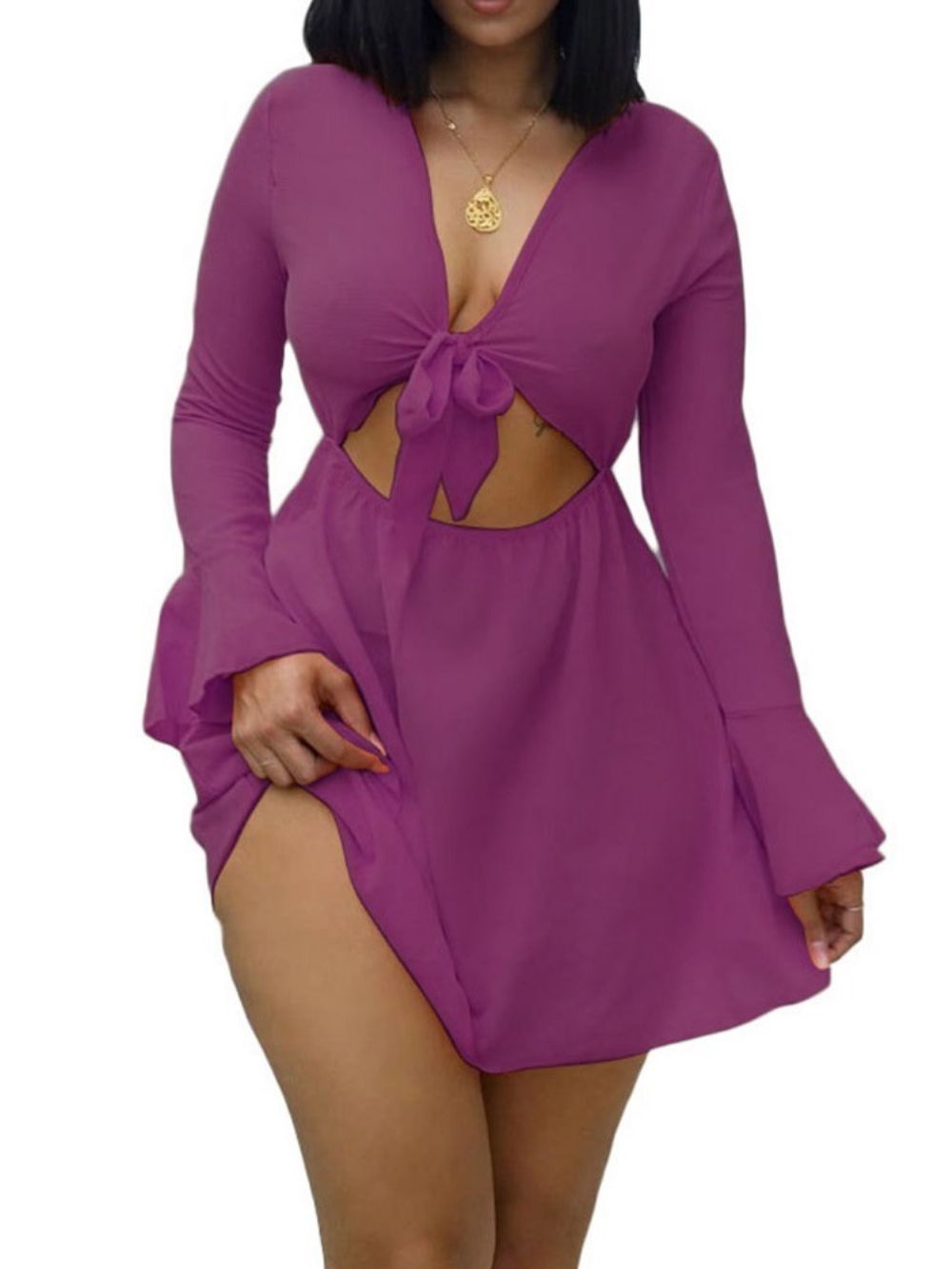 Vestidos De Praia Com Decote Em V Oco Manga Longa Simples Vestidos De Praia Para Mulheres