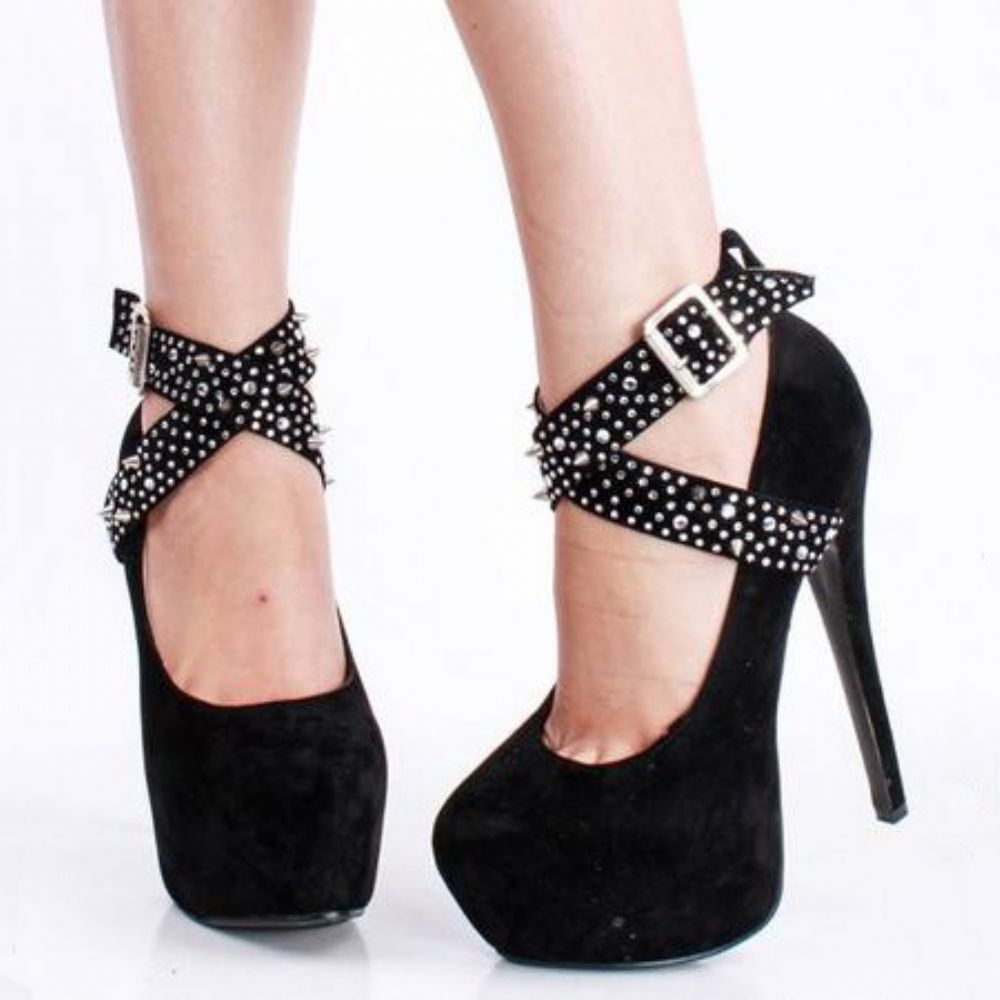 Camurça Falso Preto Strass Spike Cross Straps Plataforma Salto De Agulha