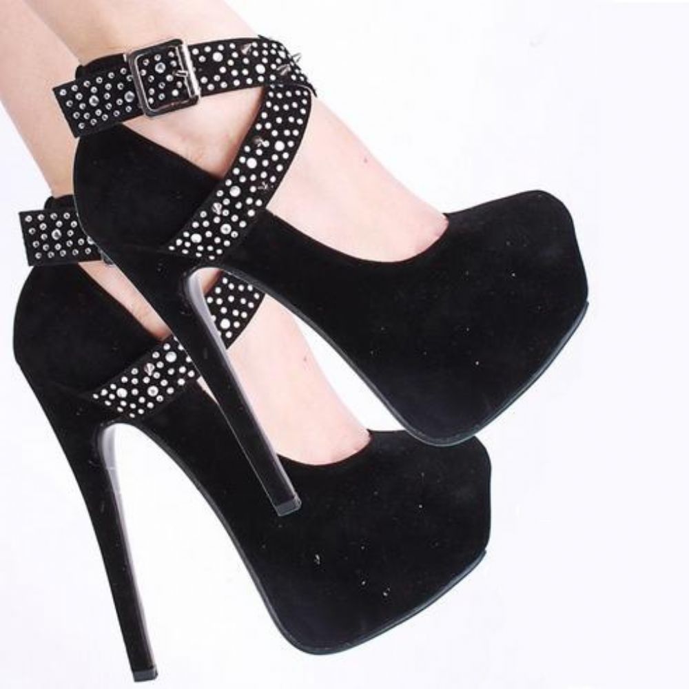 Camurça Falso Preto Strass Spike Cross Straps Plataforma Salto De Agulha