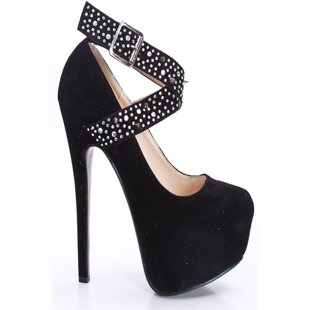 Camurça Falso Preto Strass Spike Cross Straps Plataforma Salto De Agulha