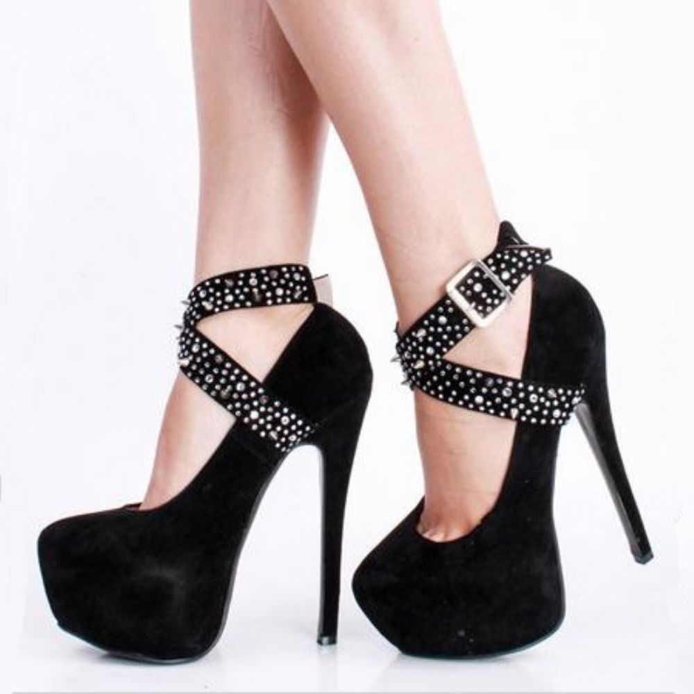 Camurça Falso Preto Strass Spike Cross Straps Plataforma Salto De Agulha