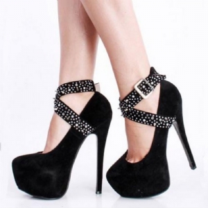 Camurça Falso Preto Strass Spike Cross Straps Plataforma Salto De Agulha