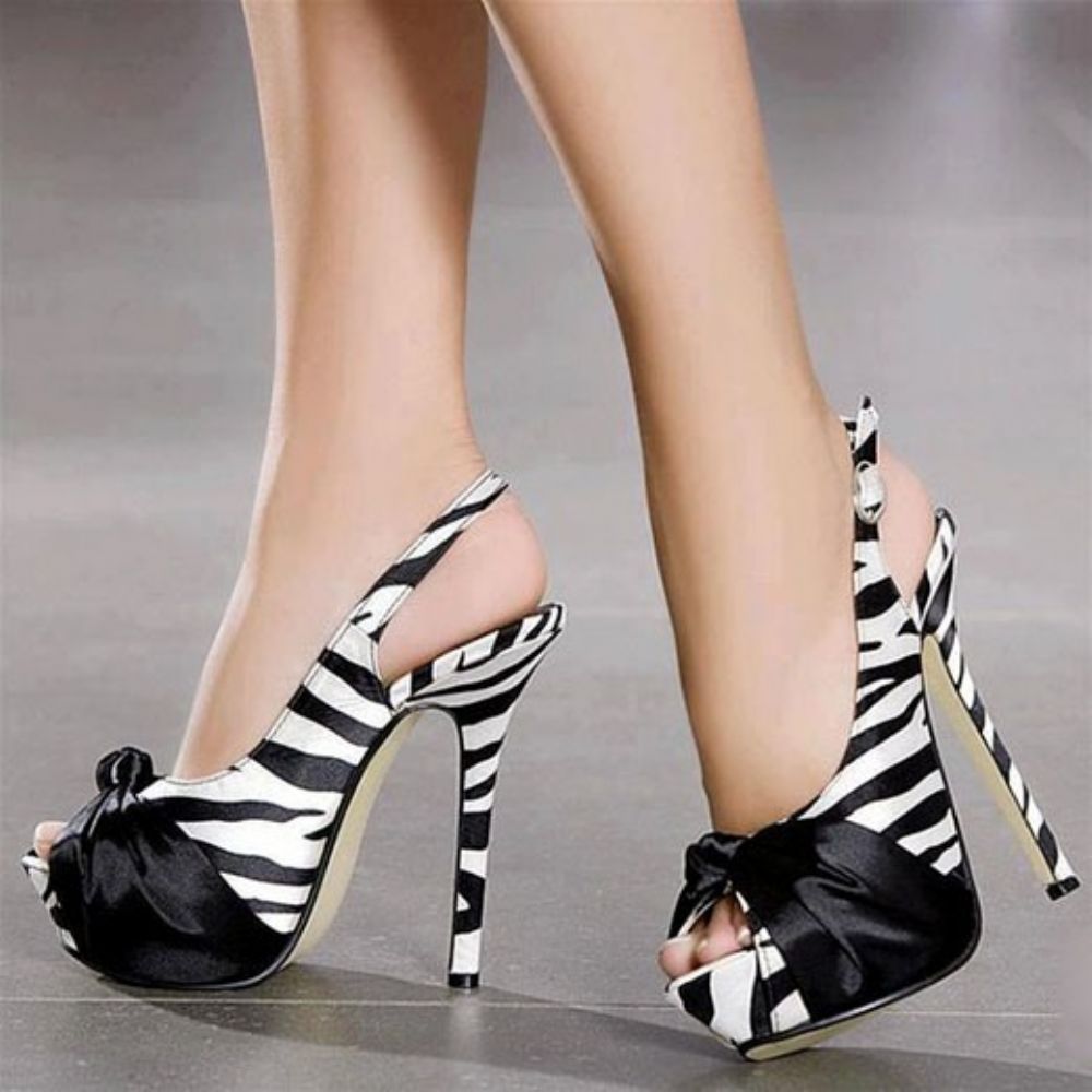 Sandálias De Salto Agulha Peep Toe Zebra Patchwork