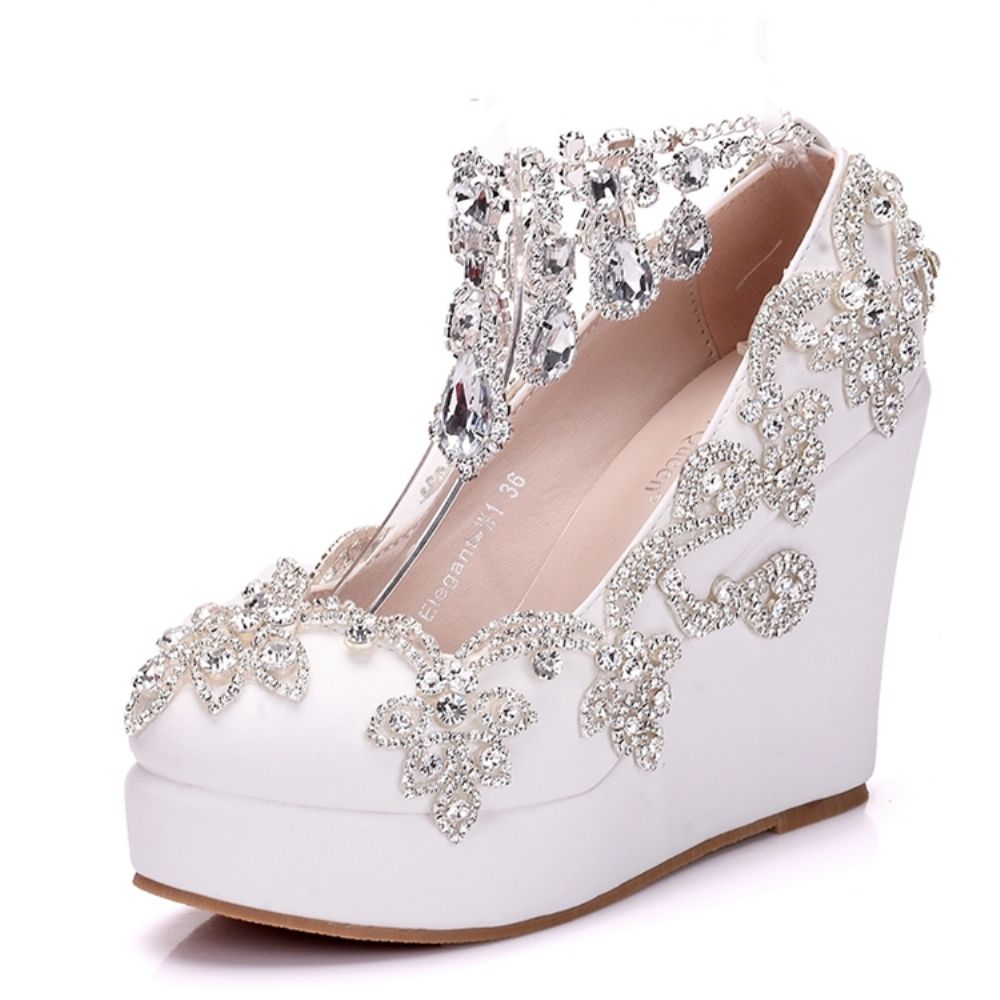 Sapatos De Baile Com Plataforma De Strass E Salto Em Cunha