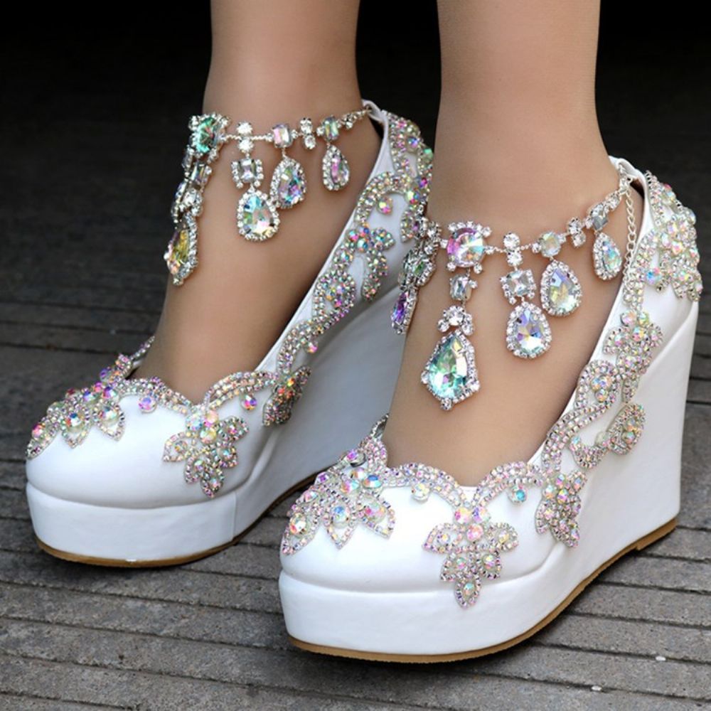 Sapatos De Baile Com Plataforma De Strass E Salto Em Cunha