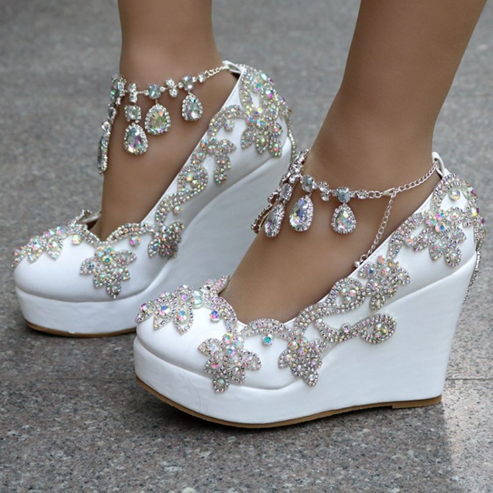 Sapatos De Baile Com Plataforma De Strass E Salto Em Cunha