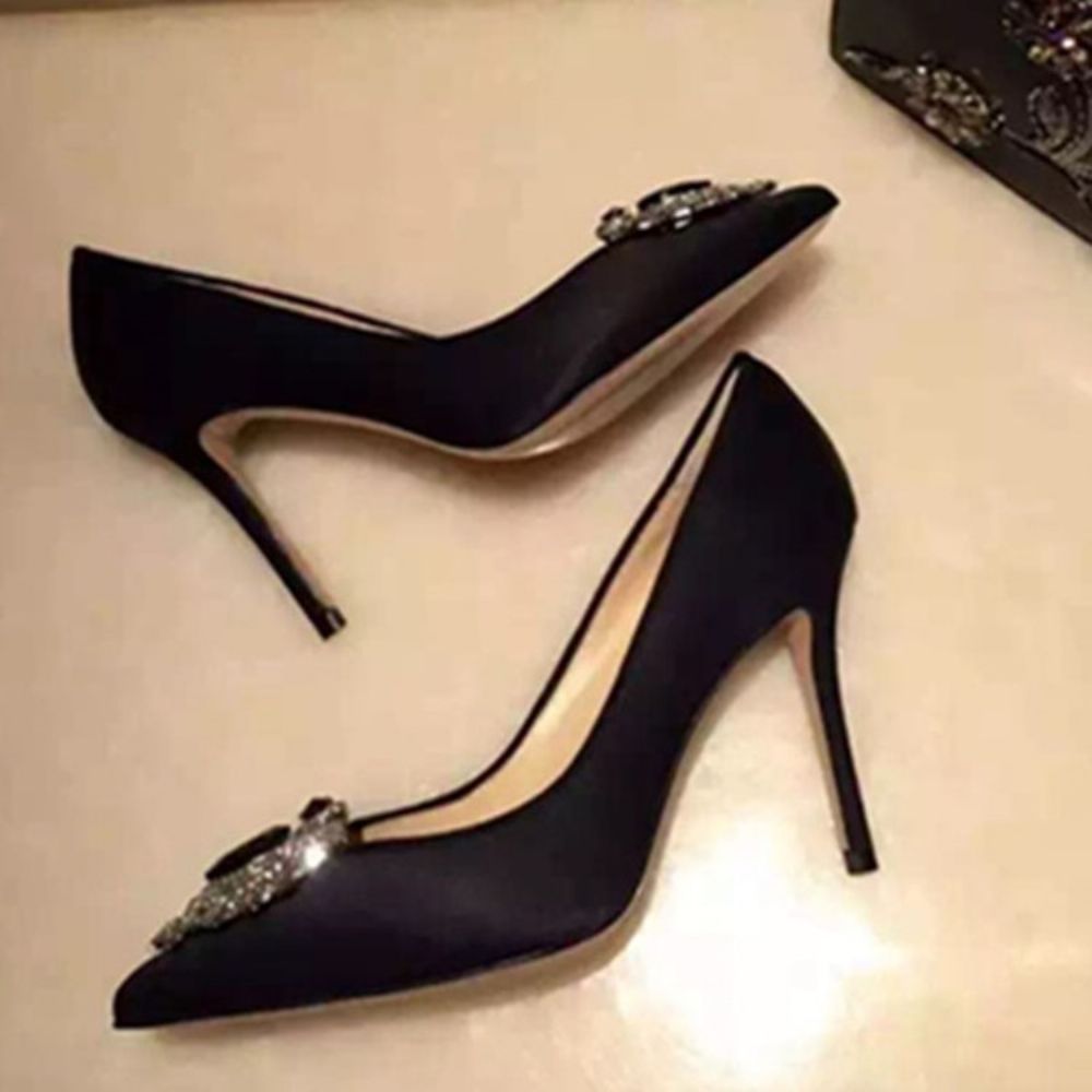 Sapatos De Baile Femininos De Tecido De Seda Com Strass Bico Fino