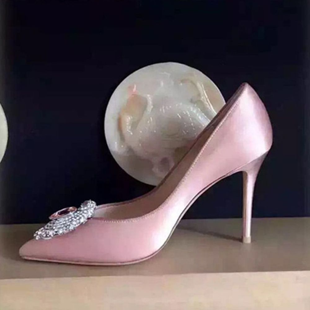 Sapatos De Baile Femininos De Tecido De Seda Com Strass Bico Fino