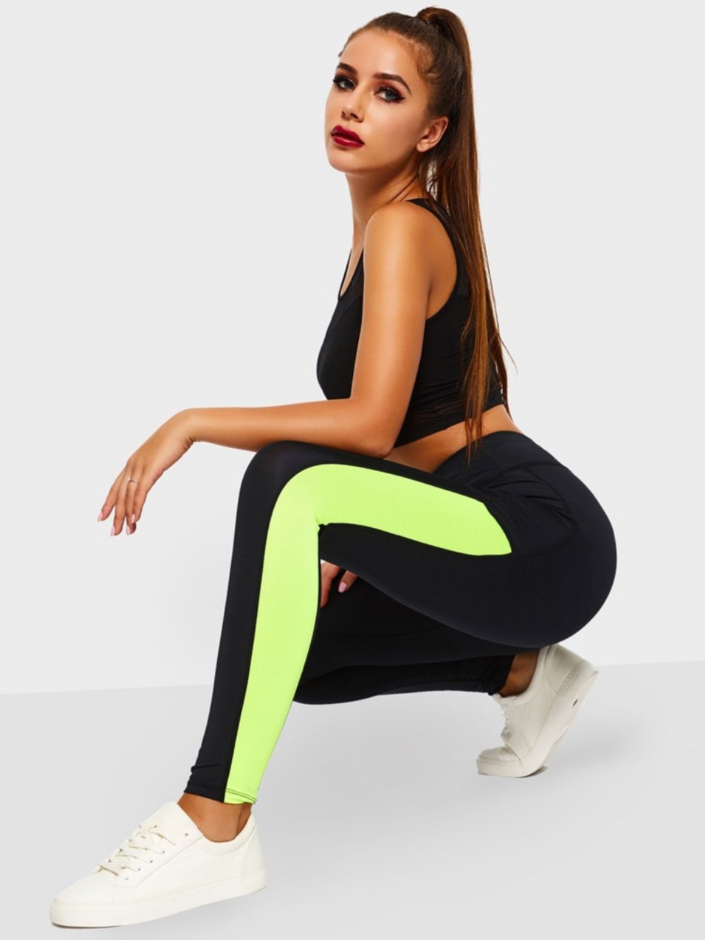 Bolsos De Blocos Coloridos Anti-Suor Femininos Leggings De Corrida Para Ioga Calças De Ioga Cintura Alta Tiktok Leggings