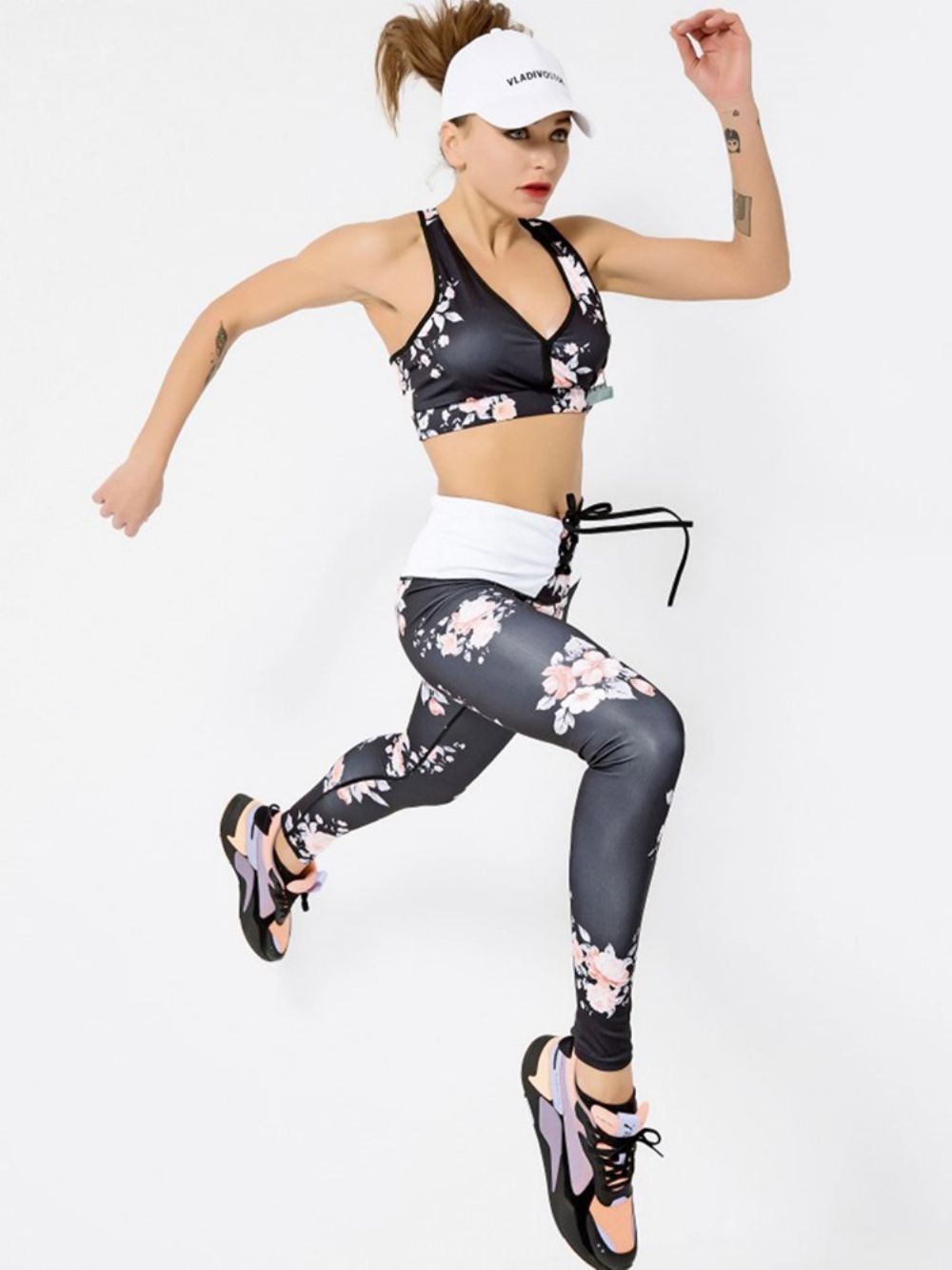 Conjunto De Roupas Esportivas Femininas Sem Mangas De Secagem Rápida Com Estampa Floral