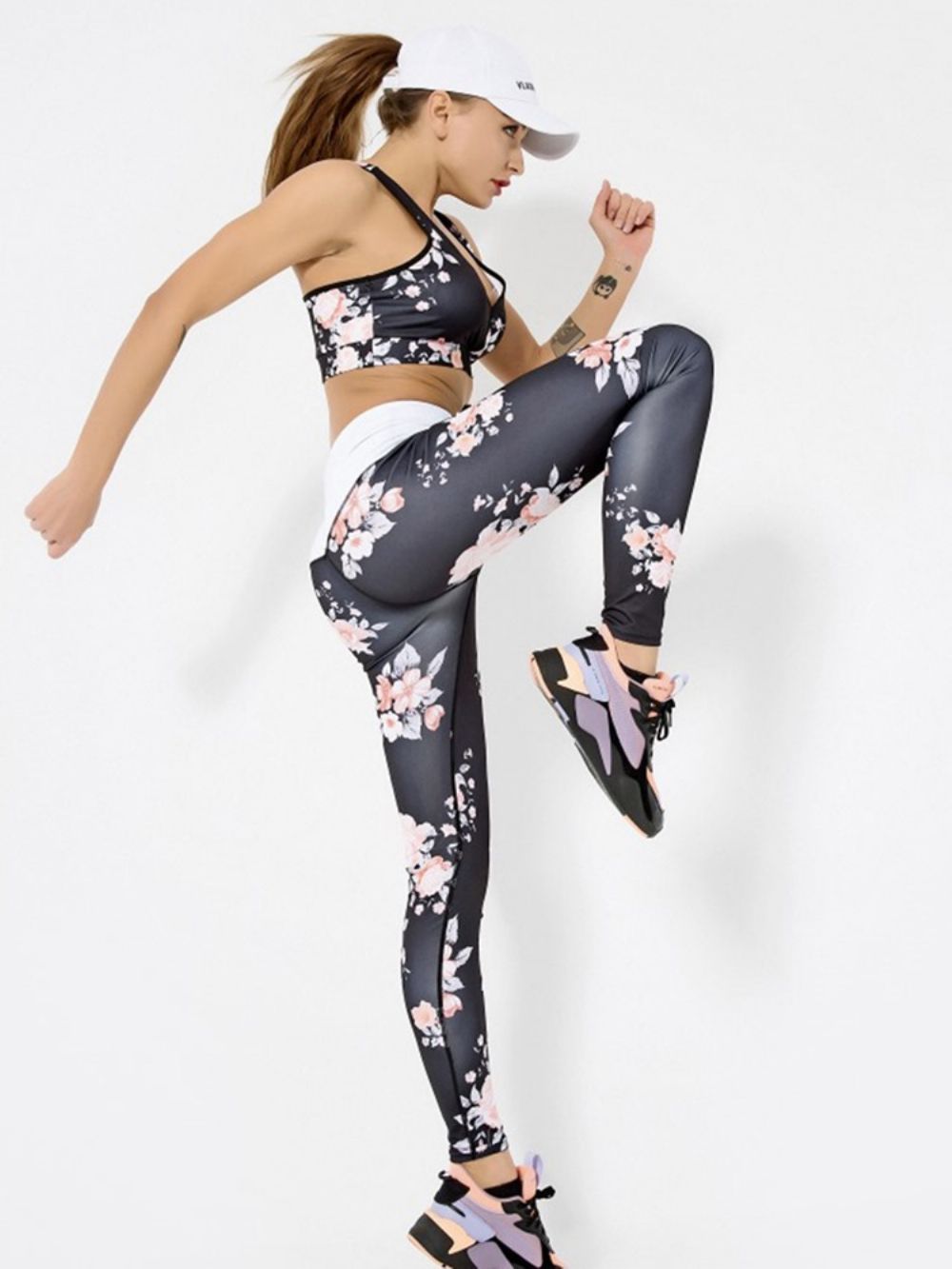 Conjunto De Roupas Esportivas Femininas Sem Mangas De Secagem Rápida Com Estampa Floral