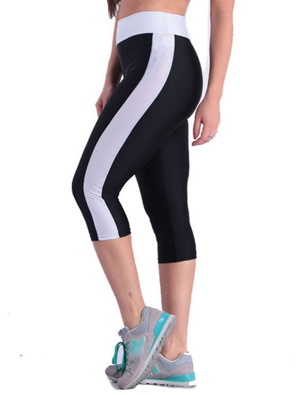 Legging Curta Respirável Color Block Para Academia Esportiva Até A Panturrilha