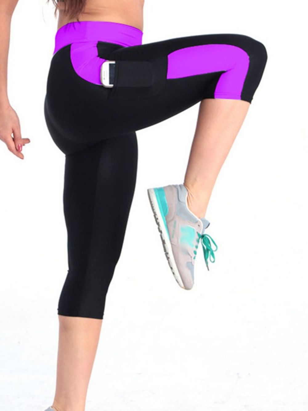 Legging Curta Respirável Color Block Para Academia Esportiva Até A Panturrilha