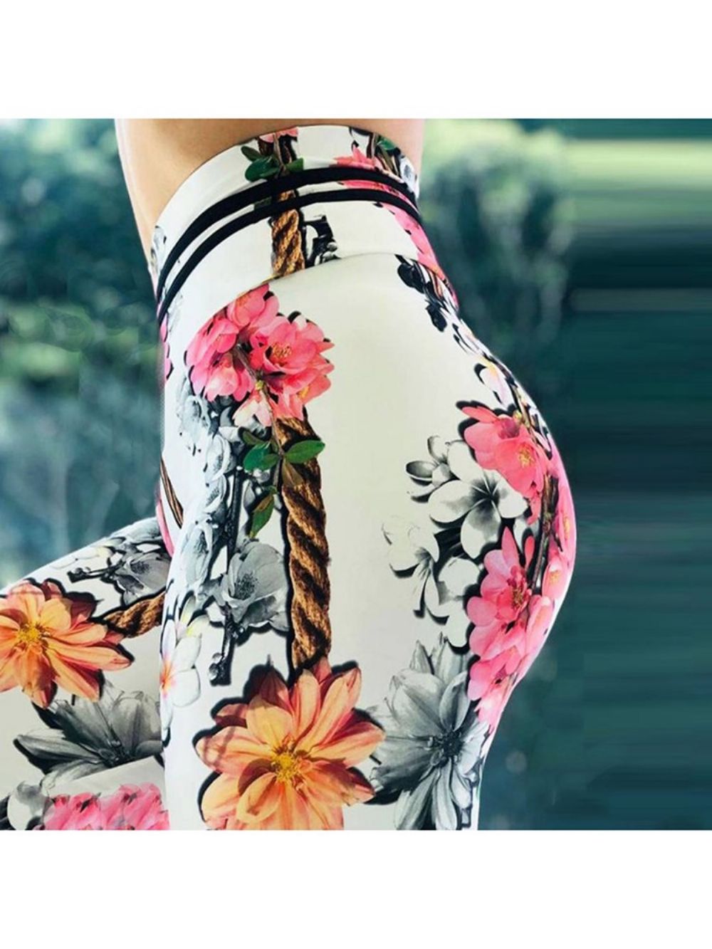 Legging Feminina Estampa Floral Chicote Nylon Cintura Alta Calças Yoga Legging Tiktok Cintura Alta