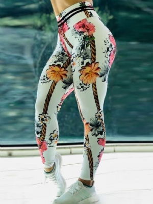 Legging Feminina Estampa Floral Chicote Nylon Cintura Alta Calças Yoga Legging Tiktok Cintura Alta