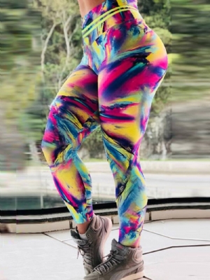 Leggings De Ioga Respirável Com Estampa De Bloco Colorido Para Academia E Ioga Calças De Ioga De Cintura Alta Tiktok Leggings