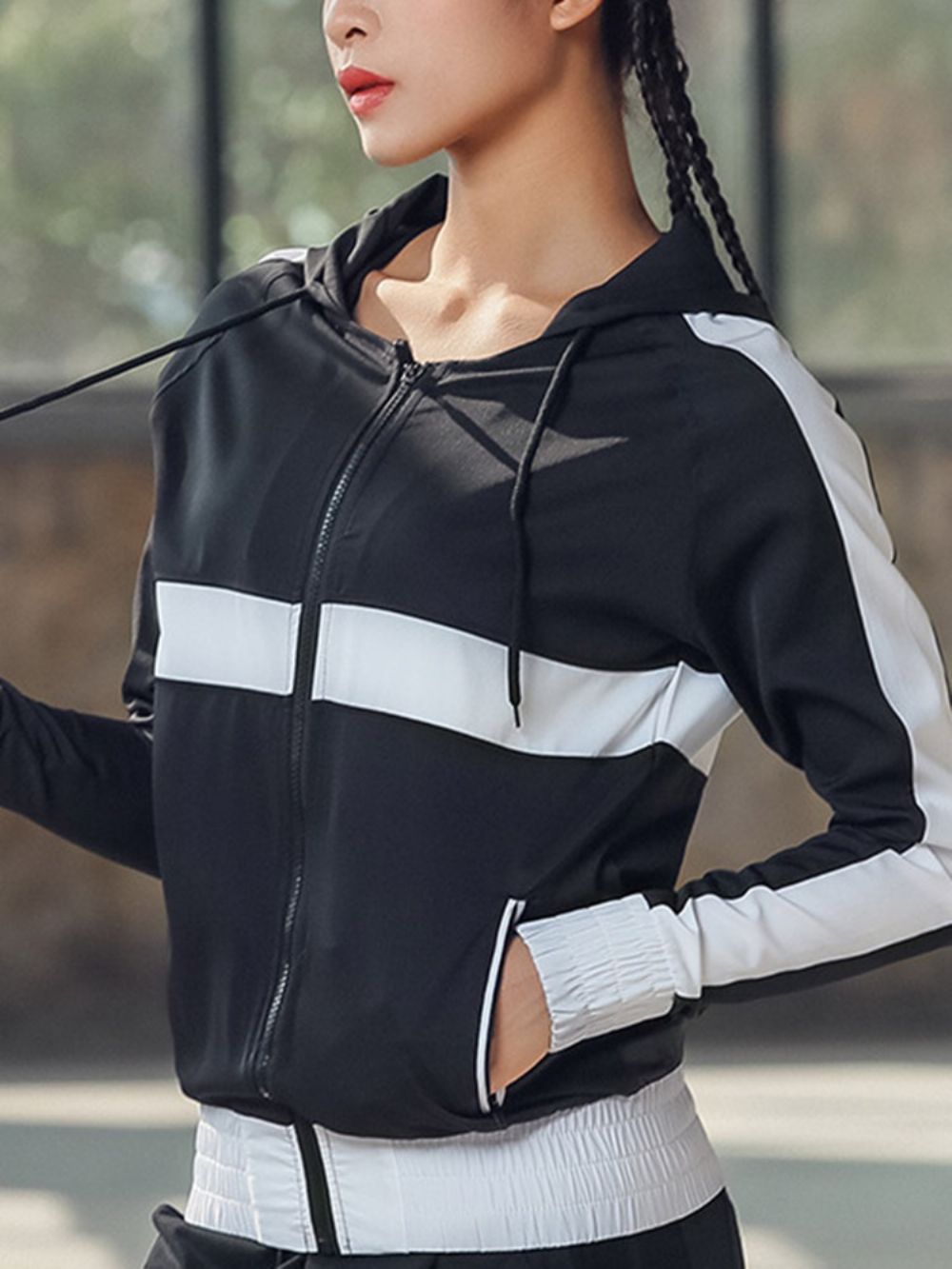 Tops Esportivos Patchwork Anti-Suor Bloco De Cores Com Zíper