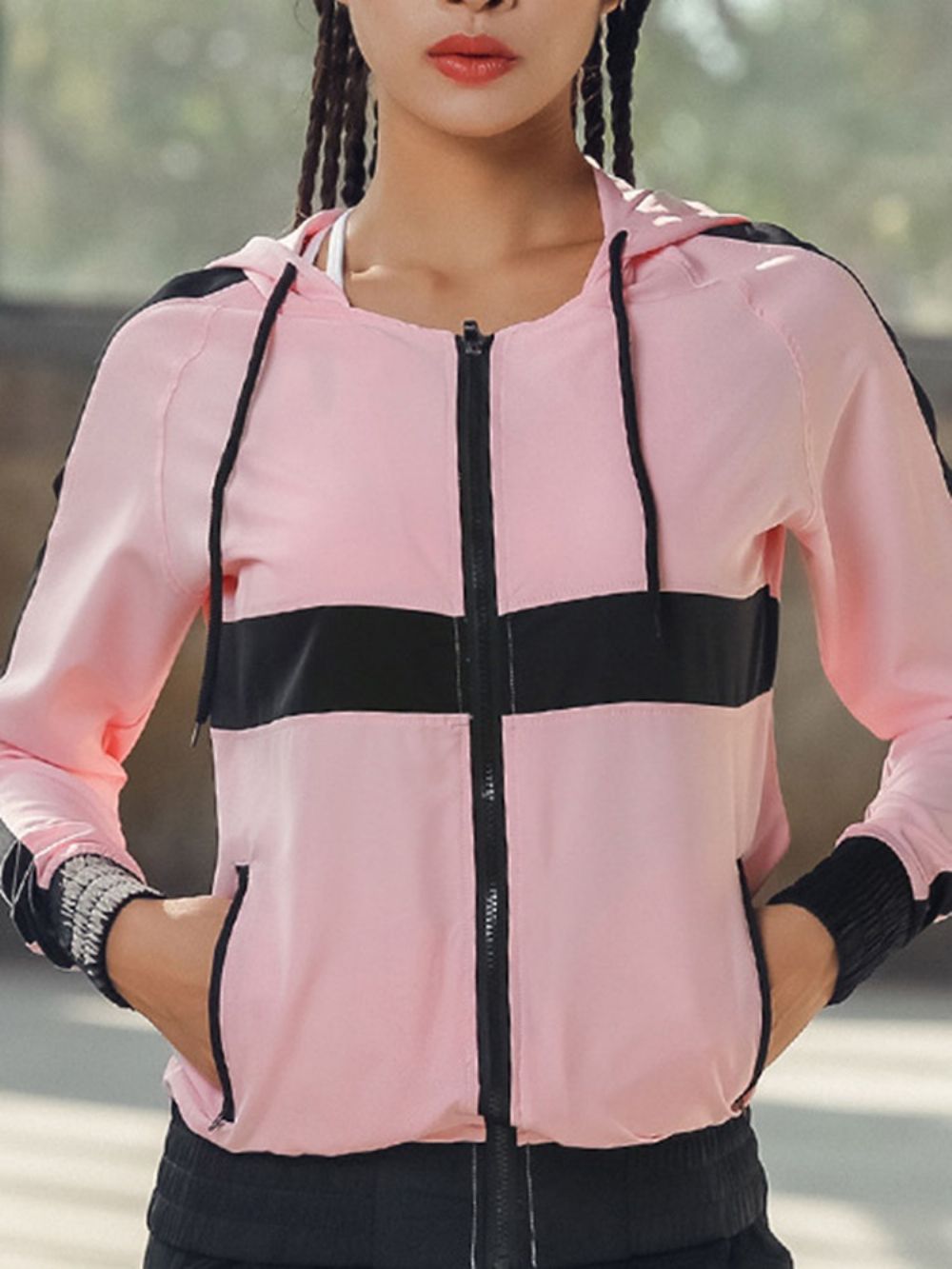 Tops Esportivos Patchwork Anti-Suor Bloco De Cores Com Zíper