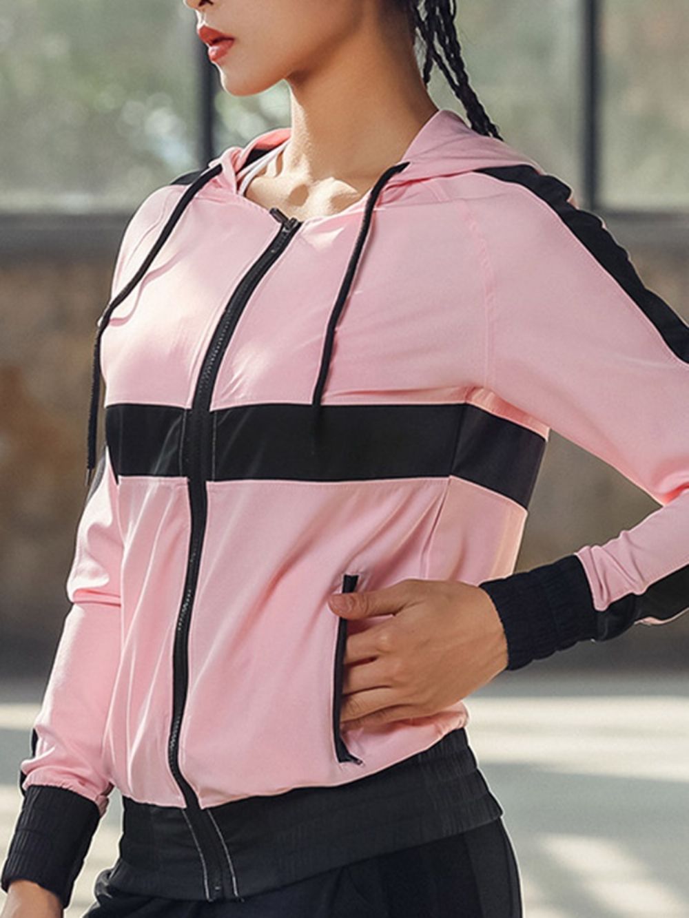 Tops Esportivos Patchwork Anti-Suor Bloco De Cores Com Zíper