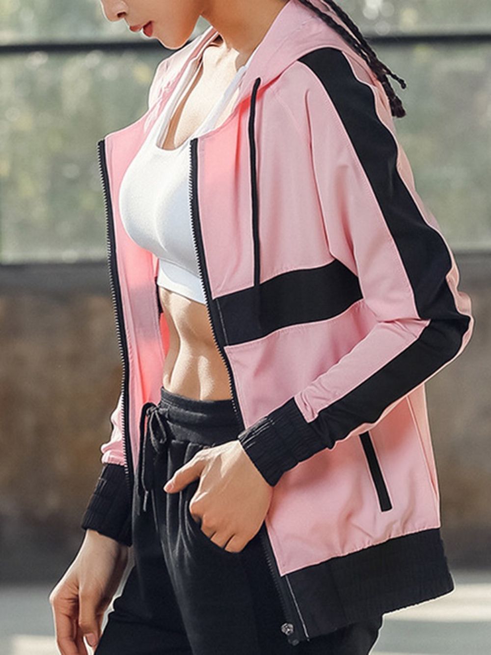 Tops Esportivos Patchwork Anti-Suor Bloco De Cores Com Zíper