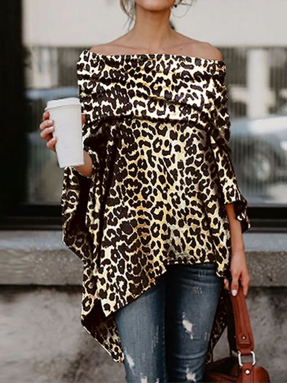 Blusa Assimétrica De Leopardo Ombro A Ombro