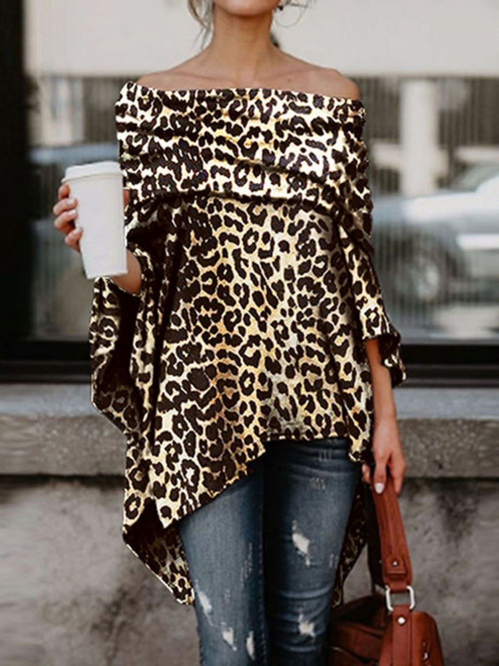 Blusa Assimétrica De Leopardo Ombro A Ombro