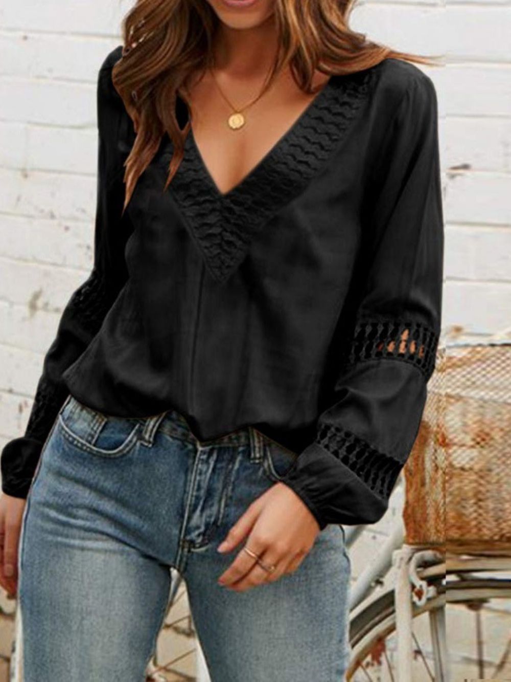 Blusa Casual Manga Longa Com Decote Em V Oco