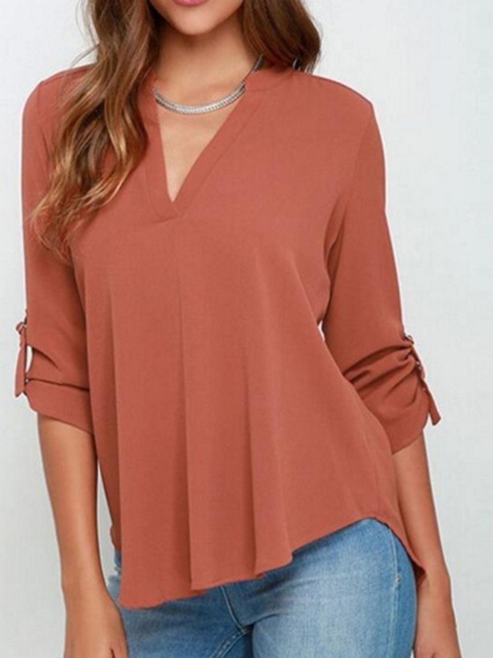 Blusa De Comprimento Médio Com Decote Em V Normal Simples