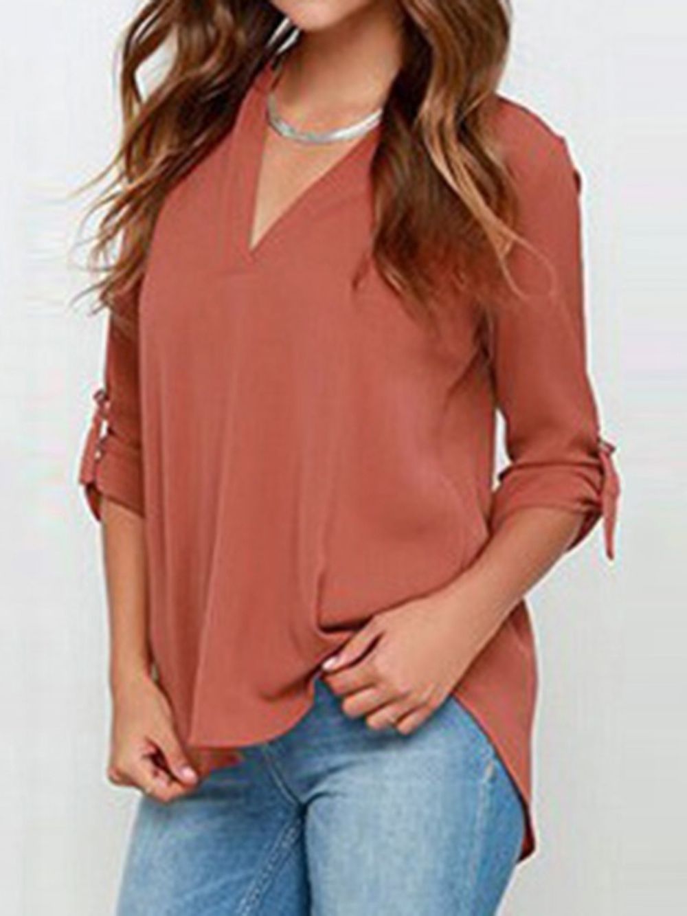 Blusa De Comprimento Médio Com Decote Em V Normal Simples