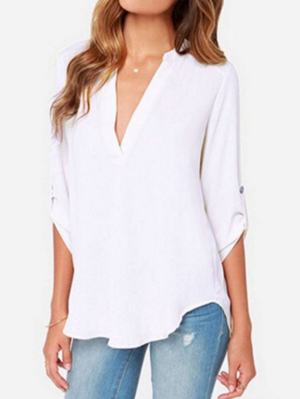 Blusa De Comprimento Médio Com Decote Em V Normal Simples